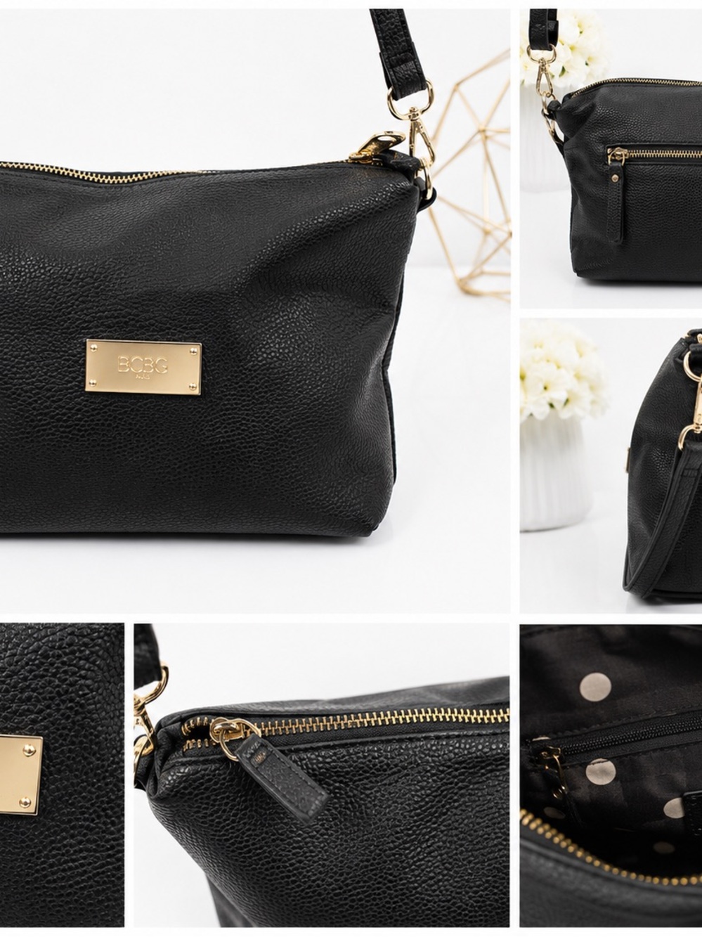 BCBG Paris Black Pebbled Leather Crossbody with Gold Hardware